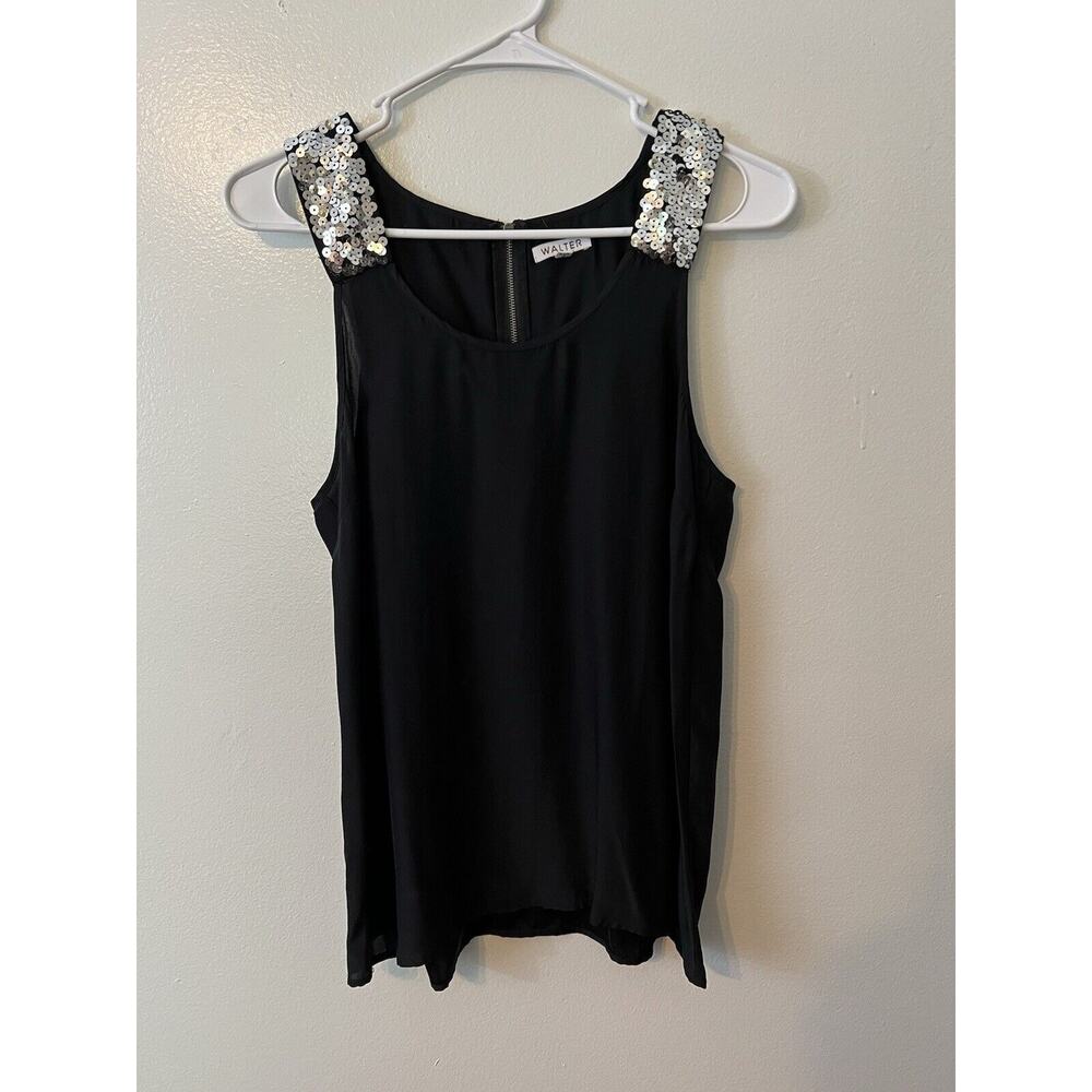 WALTER Women's Sz 2‎ 100% Silk Black Sleeveless Top Sequence Party Old Money - Picture 2 of 12